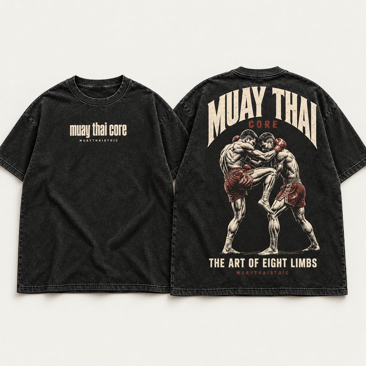 Digital mockup of the Muay Thai Core tee in washed charcoal, showing the chest wordmark and bone-and-oxblood clinch back graphic.