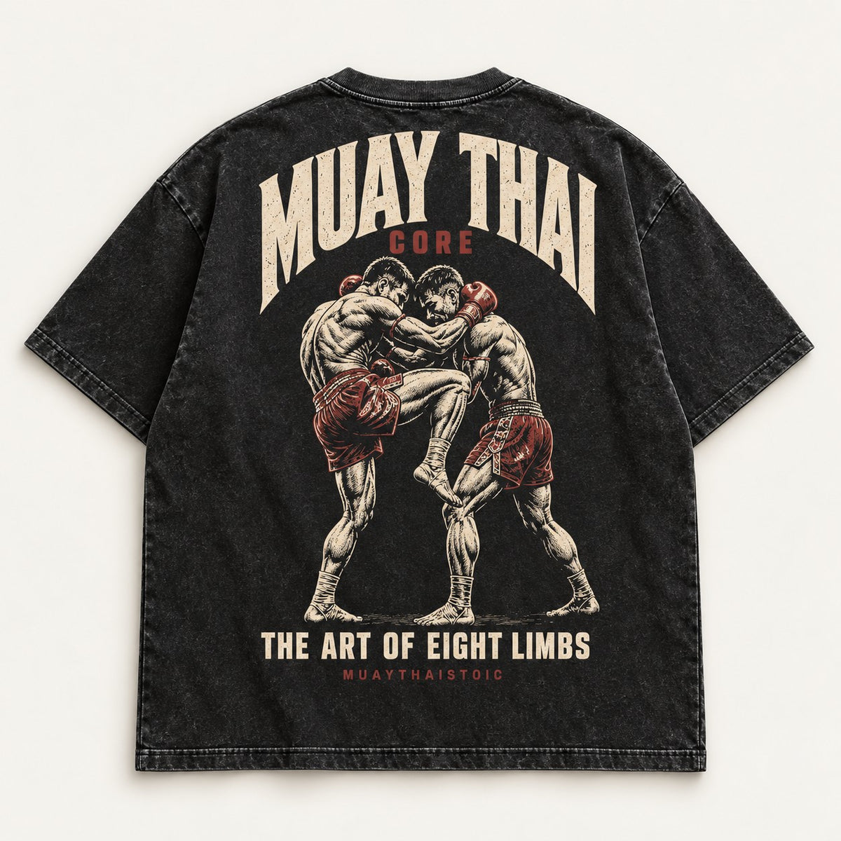 Back-view digital mockup of the washed-charcoal Muay Thai Core tee with arched Muay Thai lettering and two fighters in the clinch.