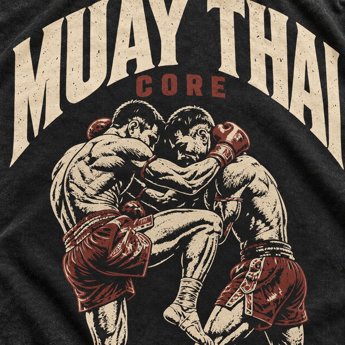 Digital close-up mockup of the Muay Thai Core clinch illustration in bone and oxblood on charcoal fabric.
