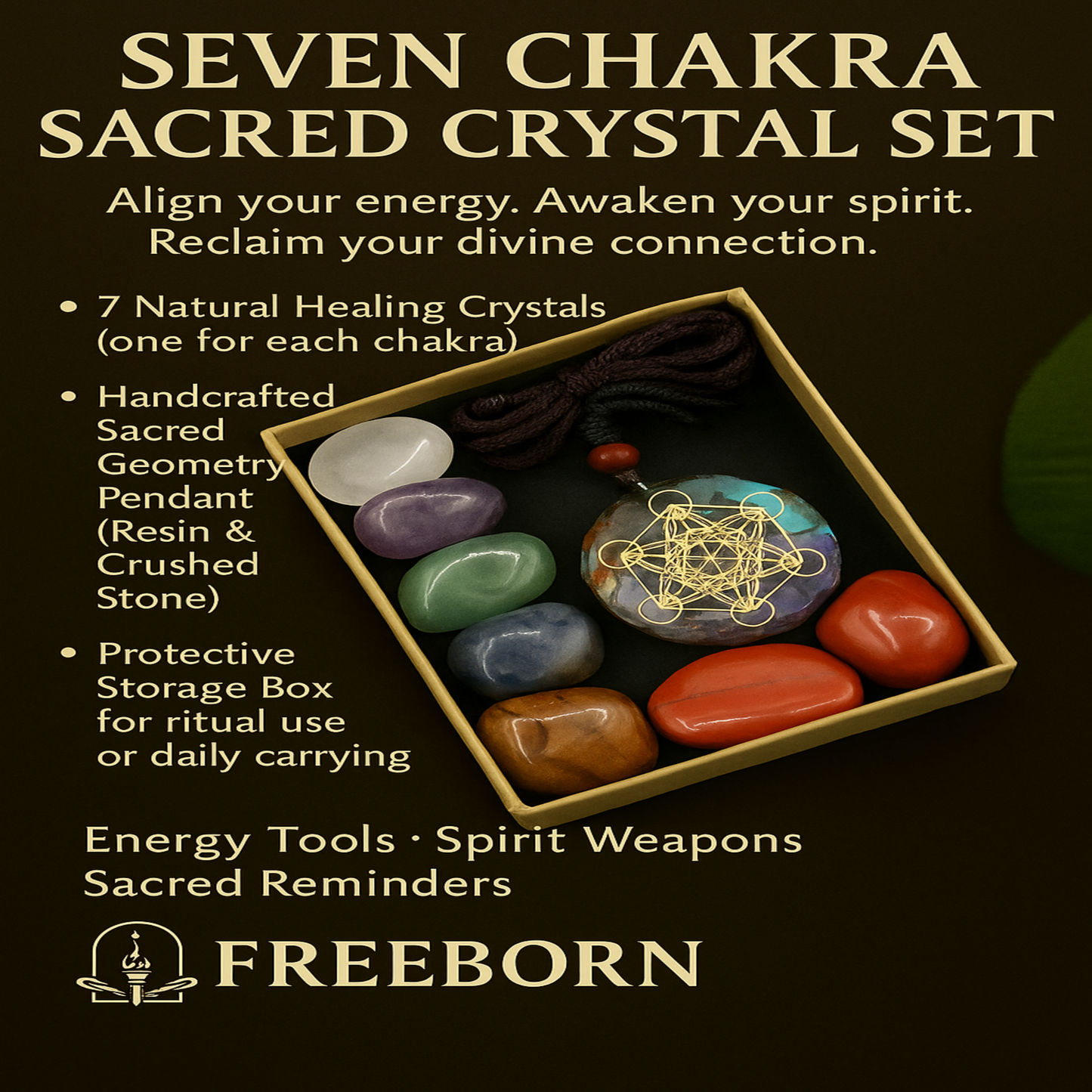 Seven Chakra Sacred Crystal Set – Healing Stones + Energy Pendant