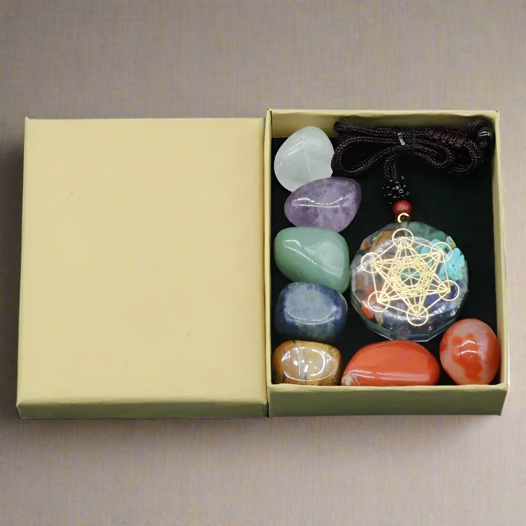 Seven Chakra Sacred Crystal Set – Healing Stones + Energy Pendant