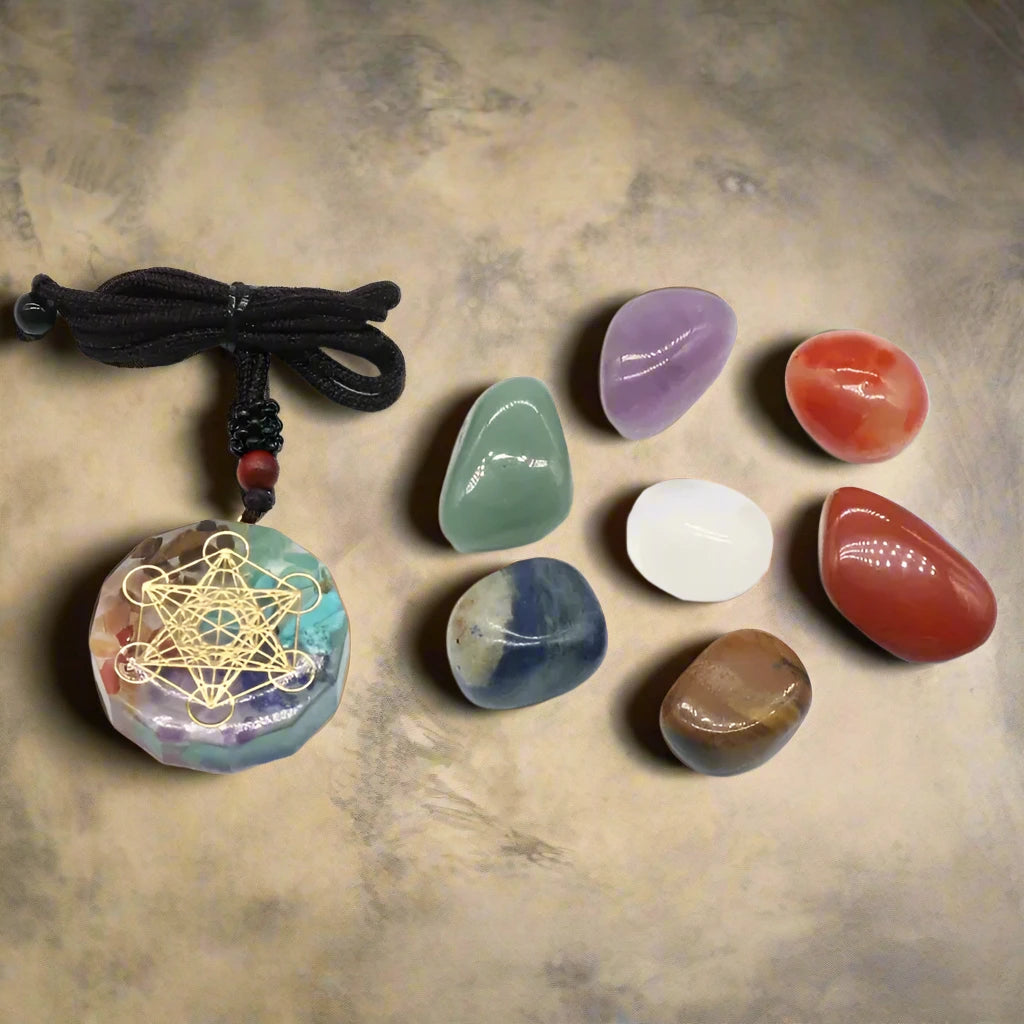 Seven Chakra Sacred Crystal Set – Healing Stones + Energy Pendant