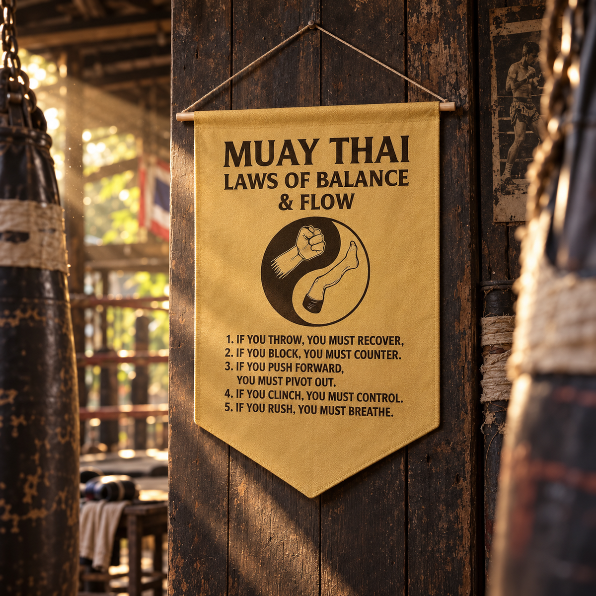 Muay Thai Stoic Scroll – Laws of Balance & Flow (Pennant Banner Edition)