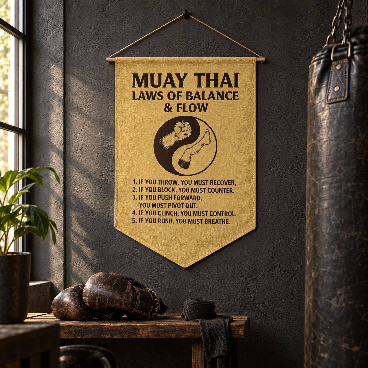 Muay Thai Stoic Scroll – Laws of Balance & Flow (Pennant Banner Edition)