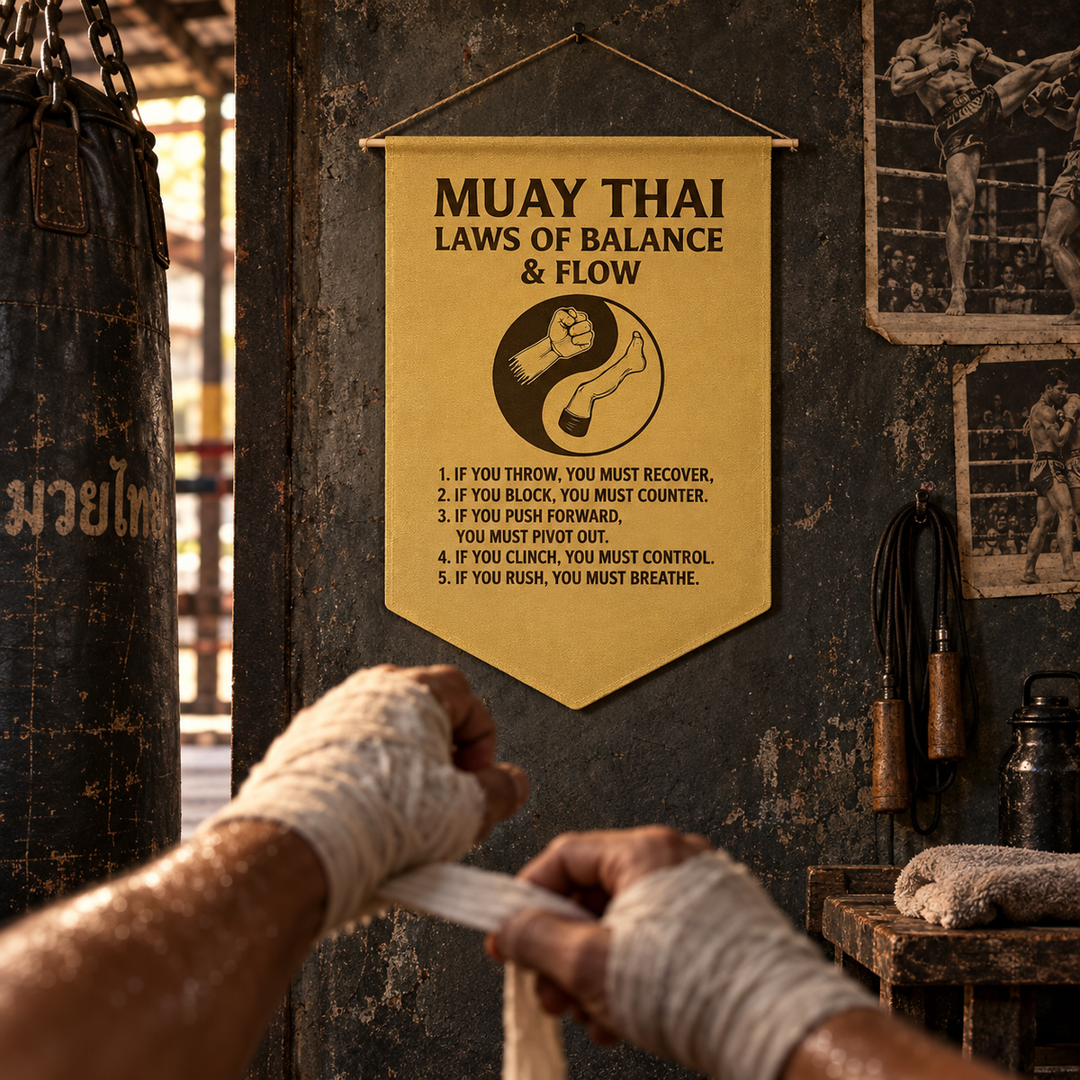 Muay Thai Stoic Scroll – Laws of Balance & Flow (Pennant Banner Edition)