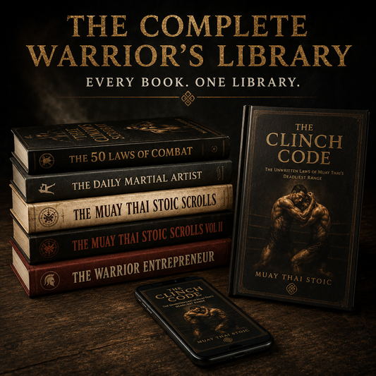 A promotional display of martial arts books and a phone showing a digital version of 'The Clinch Code' under the banner 'The Complete Warrior's Library'. The books are stacked and fanned out on a dark wooden table, with 'The Clinch Code' also shown on a smartphone screen.