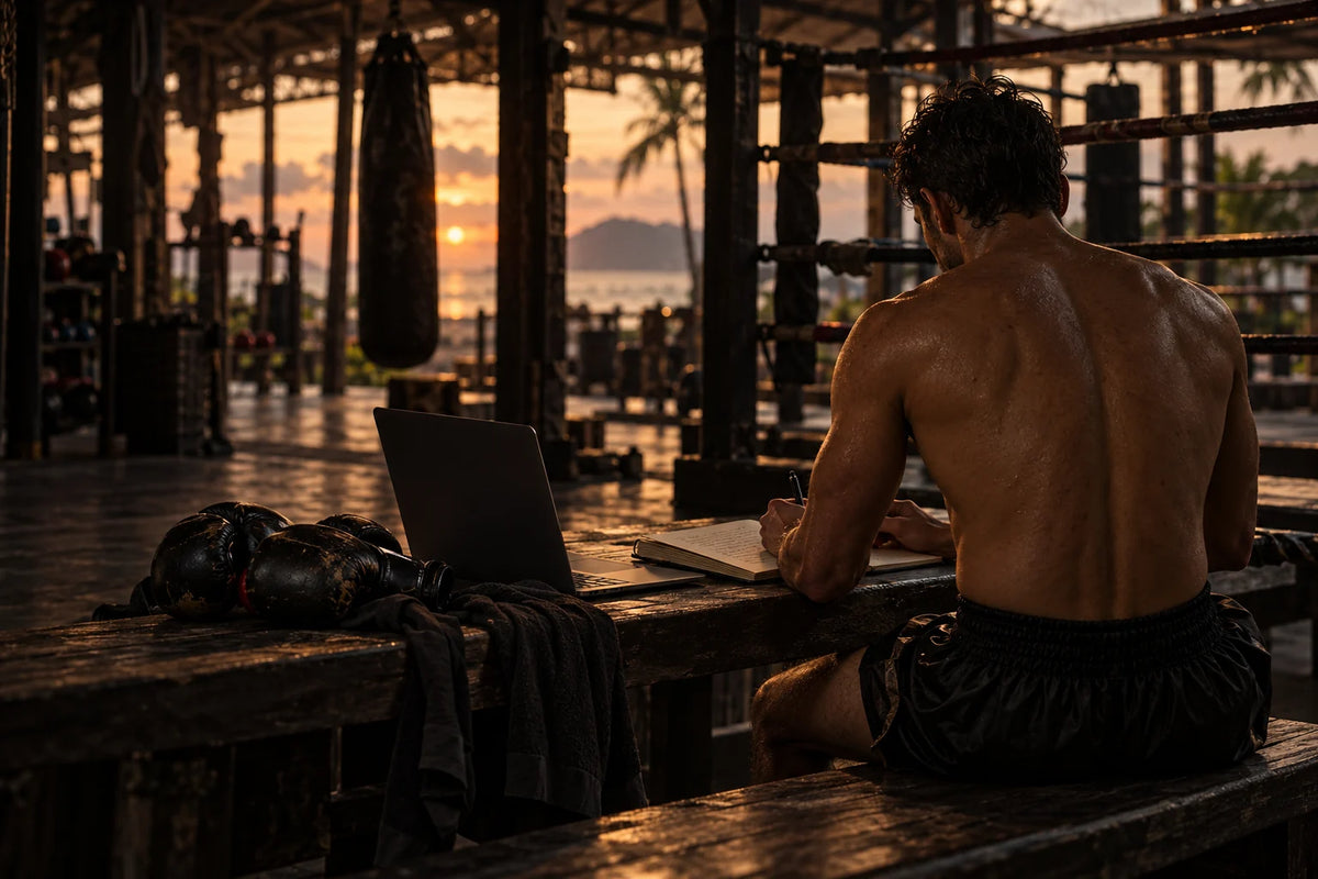 A fighter planning his business at a ringside desk after training