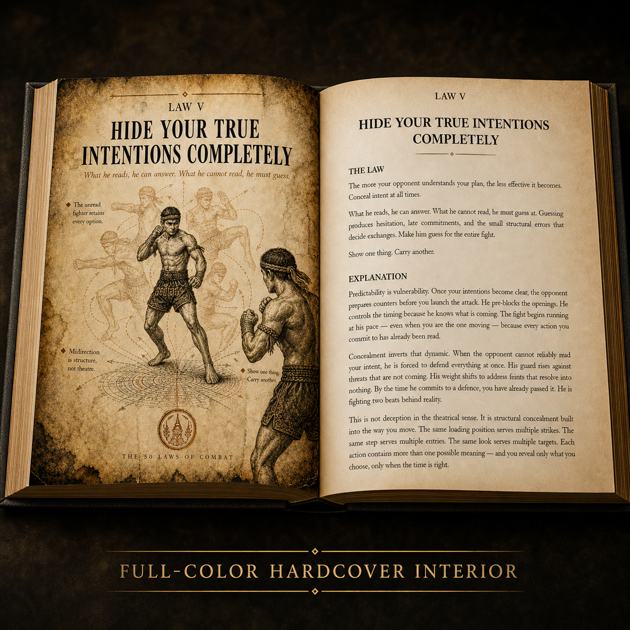 Open book with vintage boxing illustrations and text on a dark background
