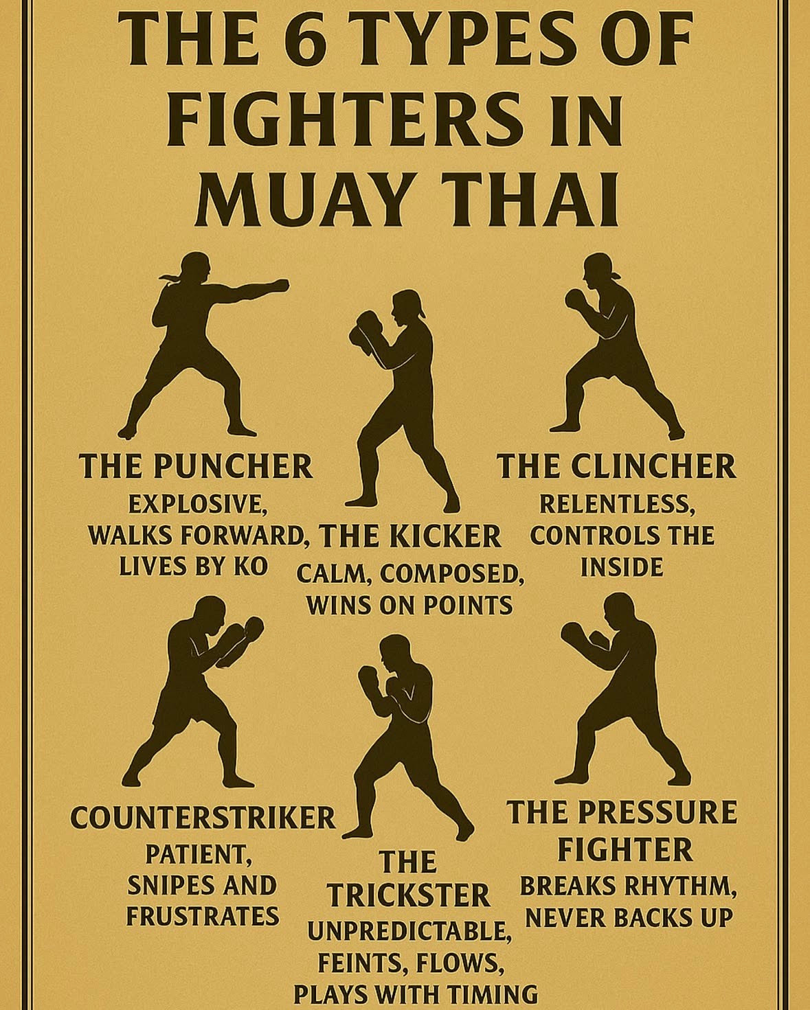 Poster describing the six types of fighters in Muay Thai with black silhouettes on a beige background.