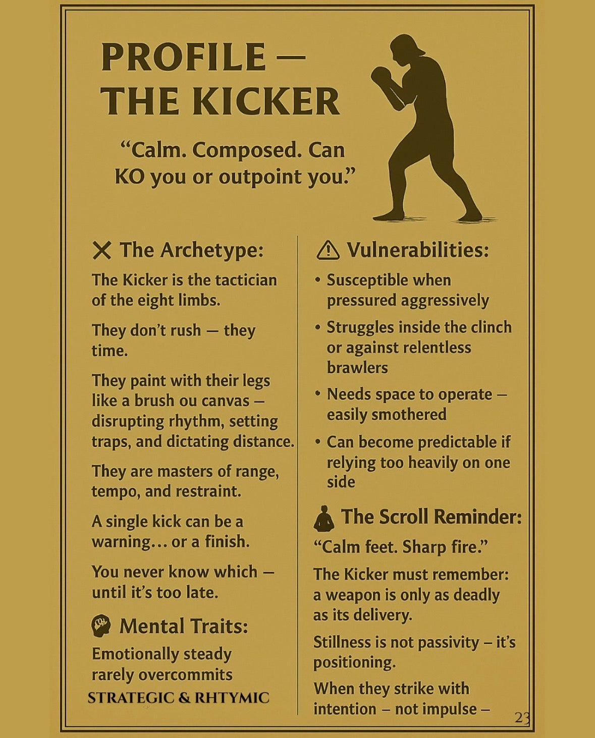 Character profile of 'The Kicker' with descriptive text on a beige background