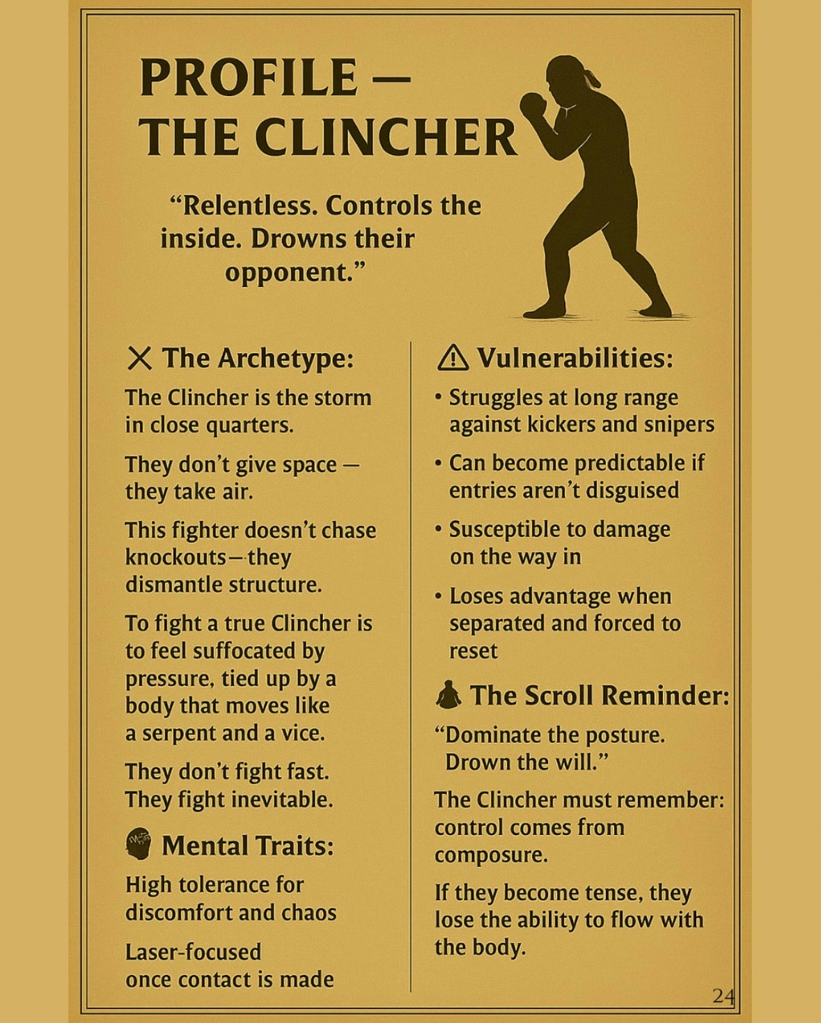 Informational poster about 'The Clincher' archetype with text and silhouette on a beige background